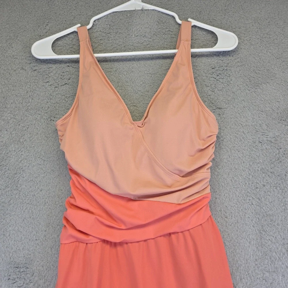 D&Co‎ Swim Dress Womens 4 Pink Salmon Babydoll Adjustable Ruched Modest Skirt